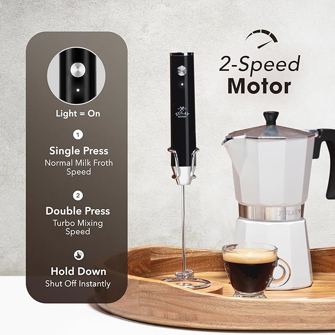 Zulay Kitchen Lux Rechargeable Milk Frother Handheld, 4 Included Whisks - Powerful 2-Speed Motor, Fully Waterproof, 2000mAh Battery - Drink Mixer For Latte, Cappuccino, Matcha, Protein Powder