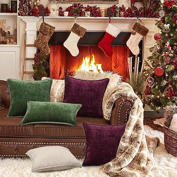 decorUhome Spring Chenille Soft Throw Pillow Covers 12x20 Set of 2, Lumbar Velvet Farmhouse Neutral Decorative Pillow Covers with Stitched Edge for Couch Sofa Bed Home Decor, Rhododendron