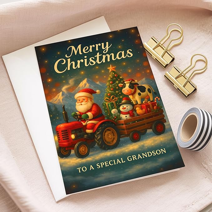 (5.3x8in) Merry Christmas to a Special Grandson Card, Santa on Tractor with Cow and Snowman, Farm-Themed Holiday Greeting Card with Christmas Tree and Gifts, Festive Card with Envelope (Xmas 42)