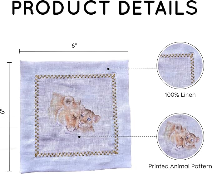 Cocktail Napkins Set of 6, 6x6 inch, 100% Linen, Printed Animal Pattern, Reusable & Washable Cloth Coasters for Beverages, Hosting, Gifting & Everyday Use (Lion Love)