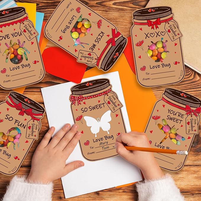 Valentines Day Gift Cards Valentines Day Candy Holder Card Exchange Card for Classroom School Party Favors Supplies (Kraft Paper, Hollow Insects