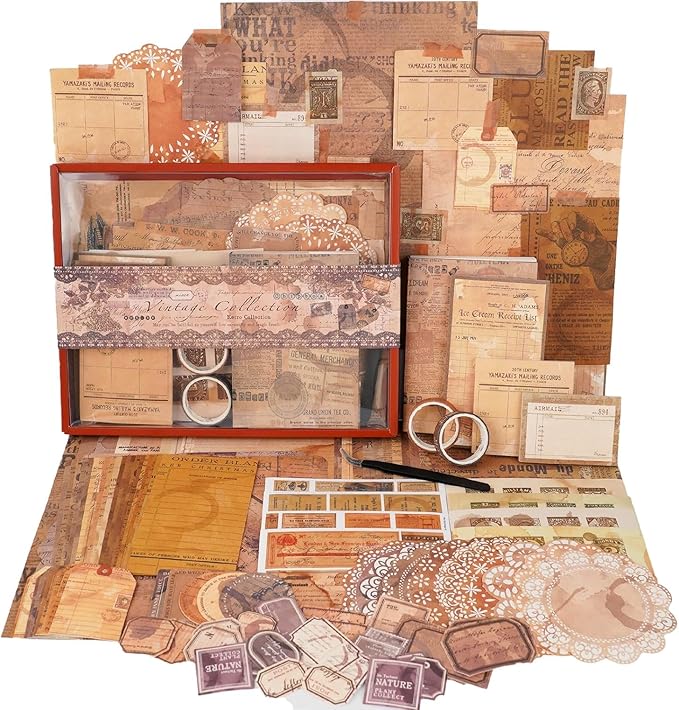 Funto Scrapbooking Kit (202 PCS), Vintage Collection-Retro Travel, Perfect for Bullet Scrapbooking Materials, Planner DIY Arts Craft Collage