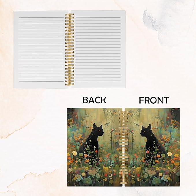 Vintage Black Cat Journal Notebook - Retro Cottagecore Floral Notebooks College Ruled for Work School, Gifts for Cats Lovers Women, Cat Office Supplies, Hardcover Spiral Notebook 5.5"x8.3"
