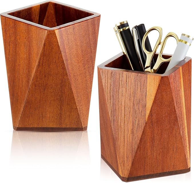 Henoyso 2 Pcs Wood Pen Pencil Holder Geometric Pencil Cup Stand Makeup Organizer for Pen Holder Desk Home Office Adults (Acacia Wood)