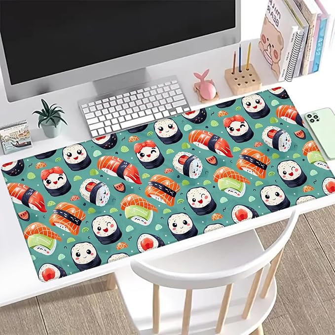 Cute Sushi Gaming Mouse Pad, Office Desk Mat, Anti-Slip Rubber Base Cool Aesthetic Mouse Pads for Computer Laptop Keyboard School Home Desktop Gamer Home Accessories Decor 31.5" x 11.8"