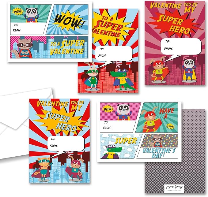 Paper Frenzy Super Hero Themed Valentine Cards WITH ENVELOPES - 25 Pack