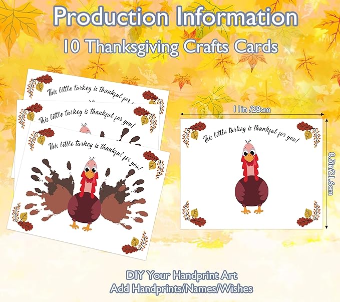 Little Turkey Handprint Art Craft Kit for Thanksgiving Activities, 10 Pcs Thanksgiving Crafts Bulk DIY Handprint Card Making, Handprint Keepsake Gift for Mother Father Grandma Grandpa
