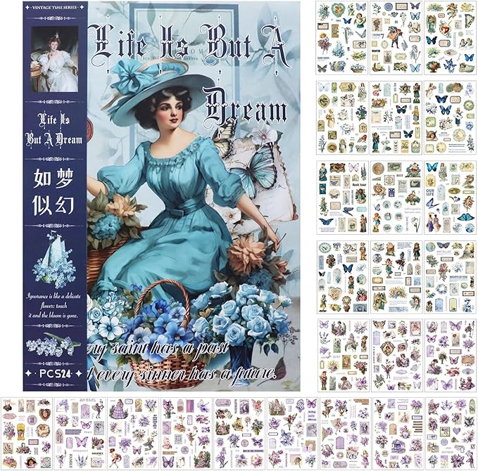 Vintage Stickers for Scrapbooking, Junk Journal - 24 Sheets Washi Sticker, Victorian Journal Stickers Book for Women, Self-Adhesive Scrapbook & Junk Journal Supplies (Blue)