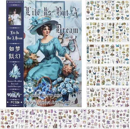 Vintage Stickers for Scrapbooking, Junk Journal - 24 Sheets Washi Sticker, Victorian Journal Stickers Book for Women, Self-Adhesive Scrapbook & Junk Journal Supplies (Blue)