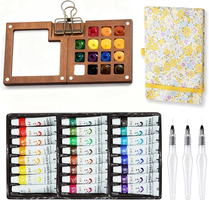 Mini Portable Watercolor Palette Set-Grid Paint Box with Binder Clips Include 24 Colors Paint - Brush*3 and Picture Album Art Materials Coloring Markers (Yellow Wood-L)