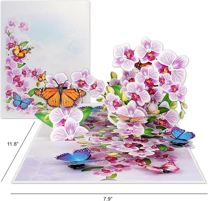 Greeting Card Purple Orchid with Butterflies 3D Pop-Up Cards Handmade Birthday Flower Gift for Women, Mom, Wife, Men 6x8 Inches Aniversary Wedding Christmas Gifts Floral