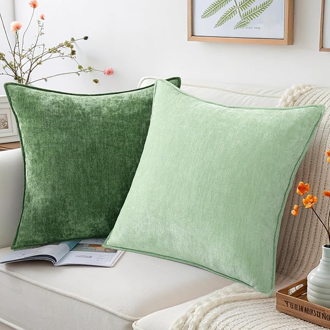 decorUhome Spring Couch Throw Pillow Covers 18x18 Set of 2, Decorative Soft Velvet Neutral Chenille Pillow Covers with Elegant Design for Sofa Bed Living Room Home Decor, Sage Green