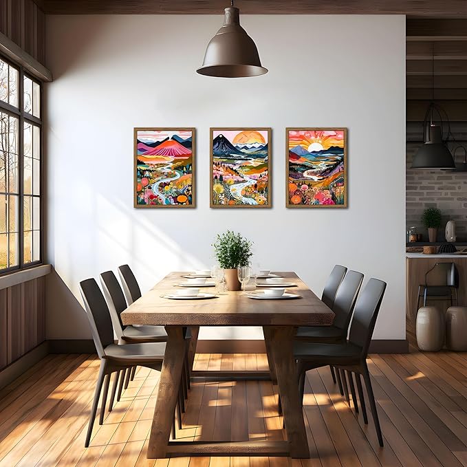 Wood Frame Boho Colorful Wall Art, Set of 3 Abstract Watercolor Mountain Landscape Wall Decor Paintings, Modern Flower Aesthetic Posters Prints for Living Room Bathroom Bedroom 16x24In Framed