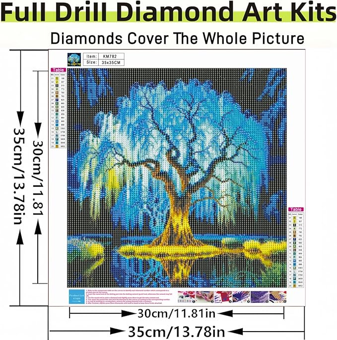 Blue Tree Diamond Art Kits for Adults, 5D Diamond Painting for Adult Beginners, DIY Full Drill Round Gem Painting Dot Art for Adults，Home Wall Decor 13.78x13.78 Inch