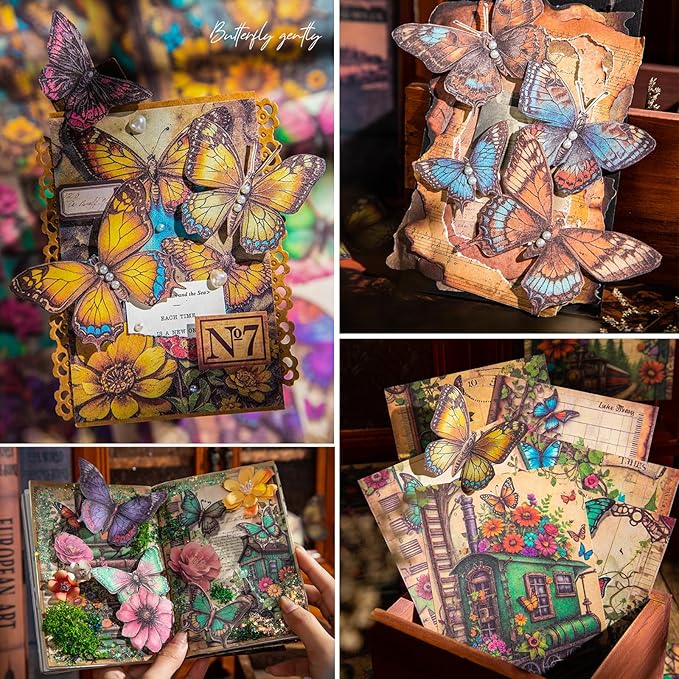 Vintage Butterfly Flower Scrapbook Paper - 180 Sheets Old Antique Floral Butterfly Junk Journaling Scrapbook Supplies Decorative Paper for Letter Writing,Poster,Planners,Collage