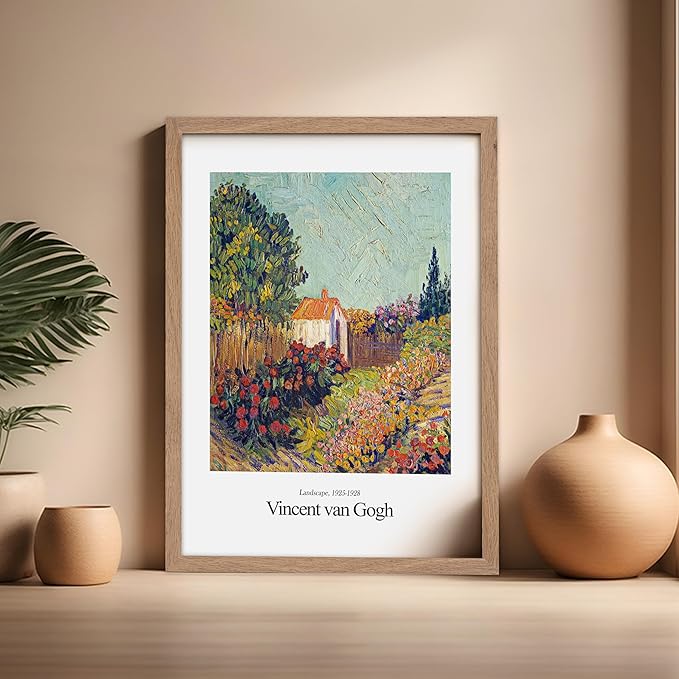 Monem Art Vintage Van Gogh Poster - Retro Impressionist Print - Flower Garden, Cottage, Sky, Colorful, Landscape - Gift for Artist, Friend - Wall Decor for Home, Office, 16x20 Beige Framed