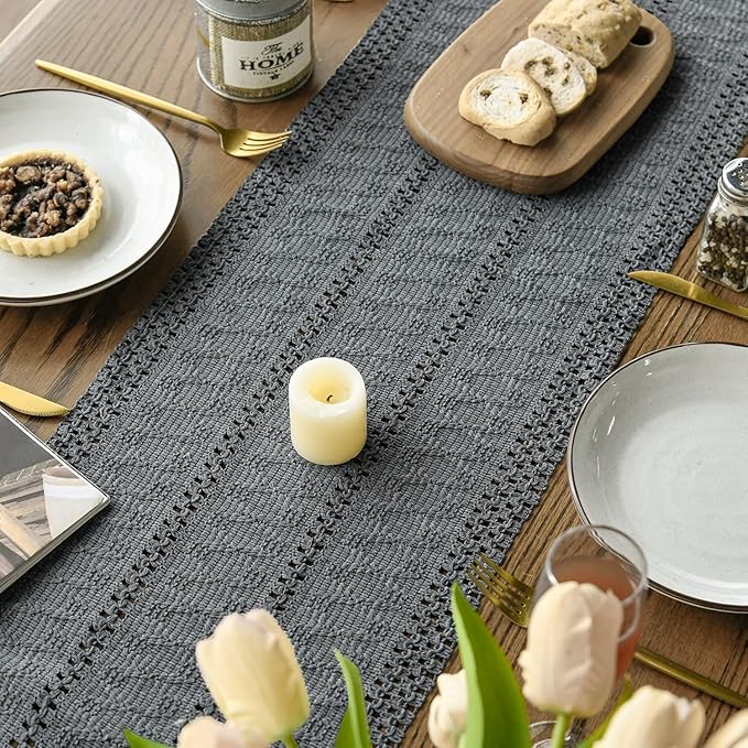 Artoid Mode Dark Grey Farmhouse Woven Rustic Hollow Table Runner, Seasonal Holiday Kitchen Dining Table Decoration for Home Party Decor 12x36 Inch