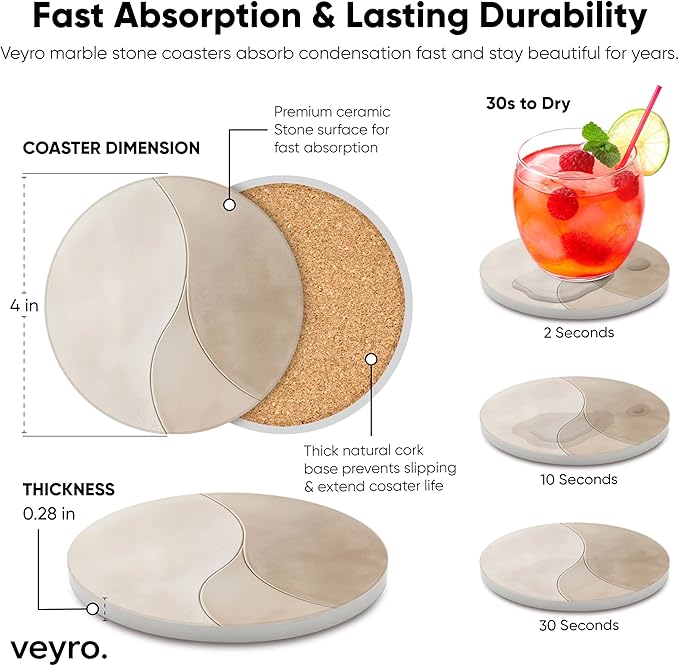 VEYRO Ceramic Coasters Set of 4 – Absorbent Stone Drink Coasters with Holder, Non-Slip Cork Backing, Modern Marble Look Coasters for Coffee Table, Desk & Home Decor
