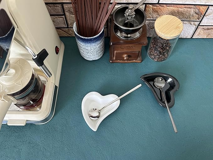 Coffee & Tea Spoon and Rest Set for Coffee Bar Accessories, Heart Cute Mini & Small Coffee Spoon Rest & Holder for Coffee Station & Bar, Teaspoon Rest & Holder (White Rest with Silver Spoon)