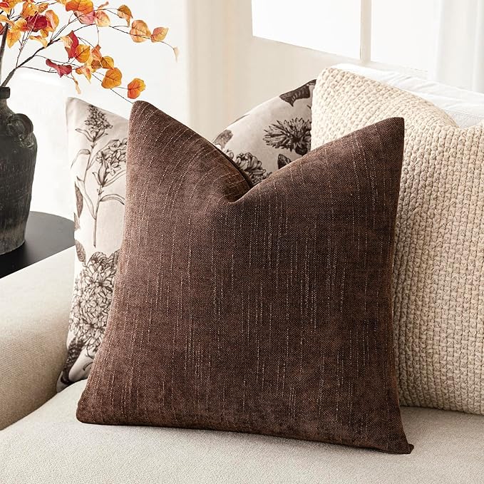 Foindtower Pack of 2 Soft Textured Chenille Throw Decorative Pillow Covers Square Accent Solid Cushion Cover Cozy Neutral Farmhouse Pillow Case for Couch Sofa Bedroom Living Room 18x18 Inch,Red Brown