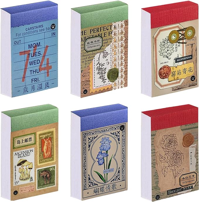 6 Sets 300 Pcs Washi Stickers Book, Vintage Aesthetic Sticker Set for Journaling Scrapbook Decoration Bullet Journal,Stamps Flowers Ticket Theme Stickers for Art Diary Craft Planner
