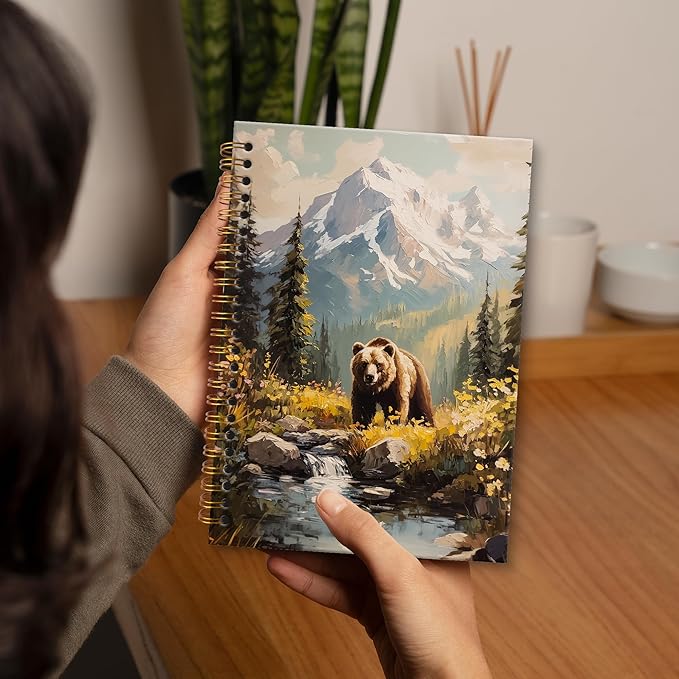 XNXLDYLH Bear Camping Nature Notebook Journal, Rustic Farmhouse Aesthetic Spiral Notebook, Woodland Landscape Camp Journals Notebooks for Women Girls, Bear Office School Supplies Gifts, 5.5x8.3 Inch