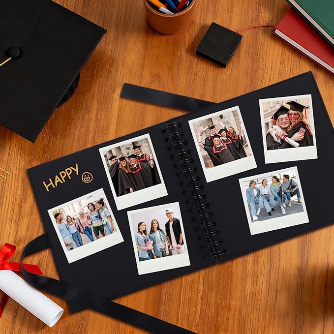 BINBE 8 x 8 Inch Letters to The Grad Scrapbook School Memory Book DIY Blank Paper Scrapbook Photo Album Book Sign with Pearl Stickers, Metallic Letters, Bows (Black)