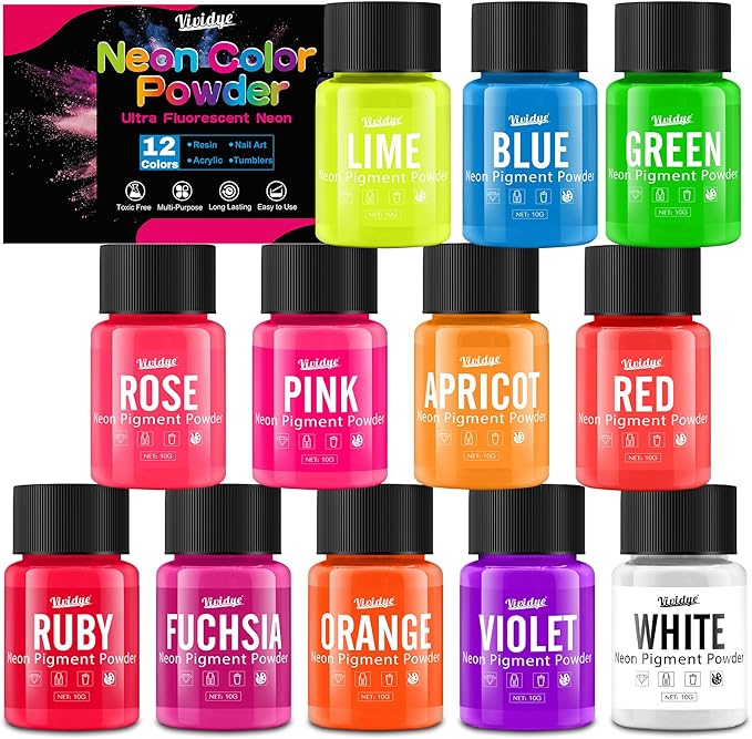Neon Pigment Powder - 12x10g Premium Fluorescent Powder, Epoxy Resin Pigments Powder for Nail Art, Slime, Painting, Candle, Soap Making, Neon Paint Long Lasting for Halloween Decoration, DIY Crafts