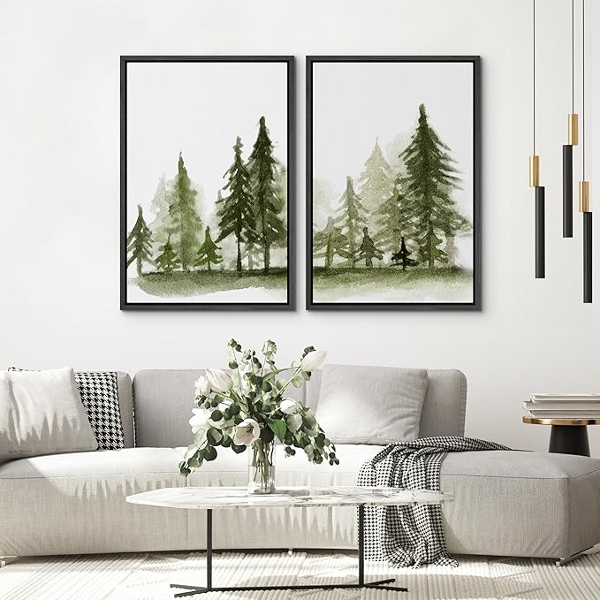 SIGNWIN Framed Wall Art Print Set Watercolor Dark Green Forest Pine Trees Nature Wilderness Illustrations Modern Art Rustic Relax/Calm Multicolor for Living Room, Bedroom, Office - 24"x36"x2 Black