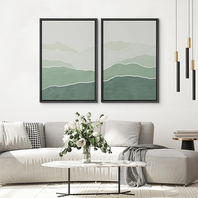 SIGNWIN Framed Wall Art Print Set Green Gradient Wave Landscapes Abstract Shapes Illustrations Modern Art Bohemian Relax/Calm Multicolor for Living Room, Bedroom, Office - 24"x36"x2 Black