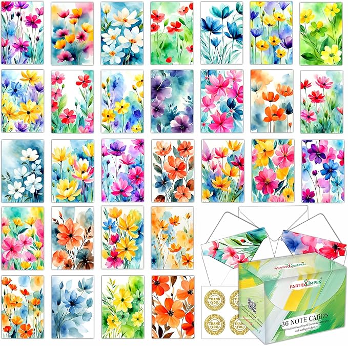 PARTH iMPEX 36 Floral Blank Note Cards With Envelopes - 4 x 6 inch All Occasion Greeting Cards, Watercolor Flowers Sympathy Thank You Notecards and Sealing Stickers