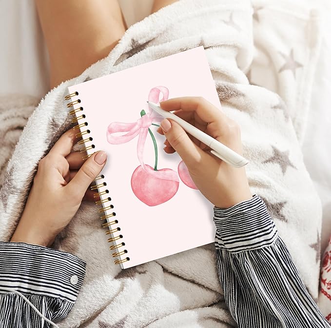 Pink Cherry Notebook, Coquette Bow Preppy Girly Spiral Notebook 5.5x8.3, Pink Aesthetic Journal for Women, Coquette Office Supplies, Preppy Gifts for Women, Spiral Journal