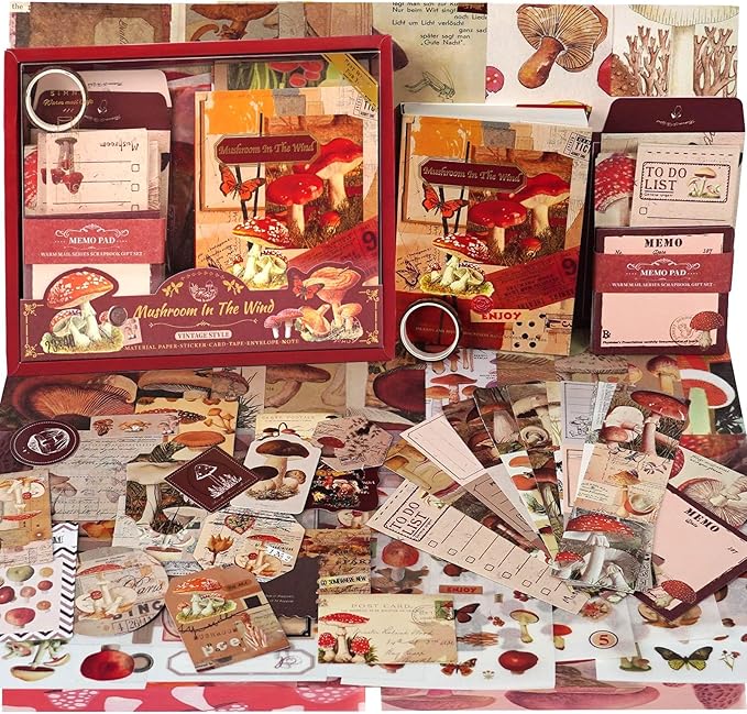 Funto Scrapbooking Kit(123 PCS), Warm Mail Series-Mushroom in The Wind, Perfect for Bullet Scrapbooking Materials, Planner DIY Arts Craft Collage