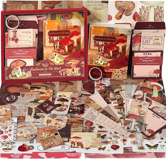 Funto Scrapbooking Kit(123 PCS), Warm Mail Series-Mushroom in The Wind, Perfect for Bullet Scrapbooking Materials, Planner DIY Arts Craft Collage