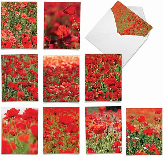 The Best Card Company - 10 Blank Note Cards with Flowers (4 x 5.12 Inch) - Floral Notecards, All Occasion Boxed Assortment - Poppy Love M2019