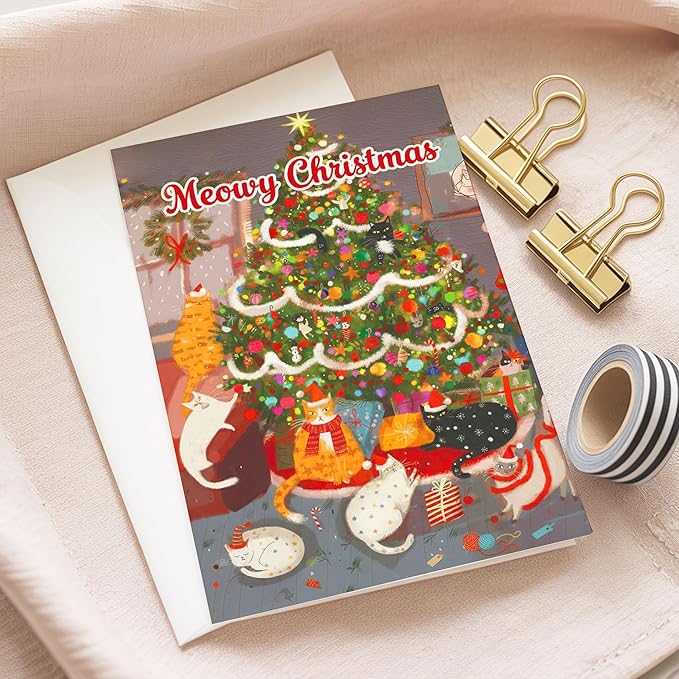(5.3x8in) Meowy Christmas Card with Envelope, Cute Funny Cat Holiday Greeting with Festive Tree and Kittens, Adorable Christmas Card for Cat Lovers, Friends, Family, and Pet Owners (Xmas 27)