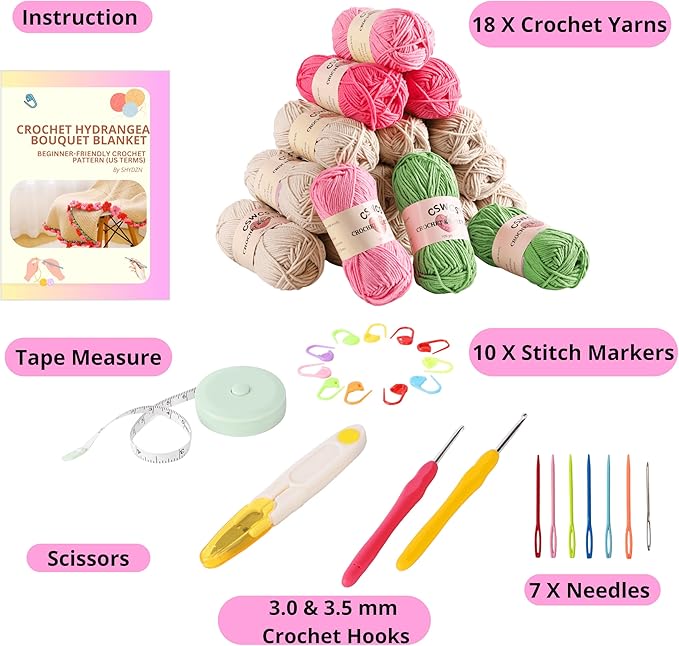 CSWCS Crochet Blanket Kit for Beginners, 40 inches Flower Bouquet Shawl Throw Kits for Adults, Learn How to Knitting with Yarn, Hook & Instructions, Gifts for Women Home Decor (Pink-red Hydrangea Kit)
