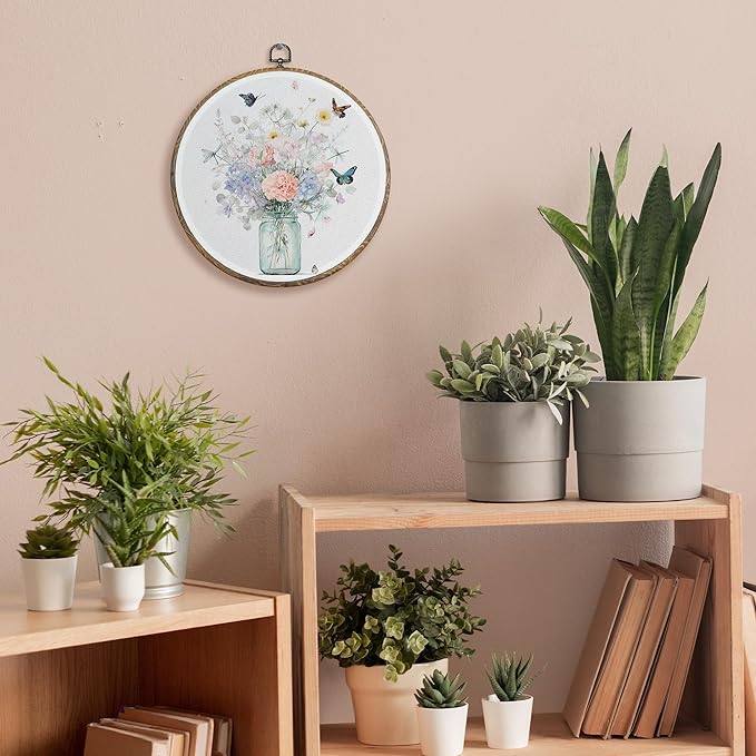 FUGWN Pink floral Round Wall Art Decor Framed, Pastel Floral Bouquet Canvas Artwork Prints, Country Botanical Wildflower Wall Hanging Decorations for Home Bedroom Living Room, 10x10 Inch