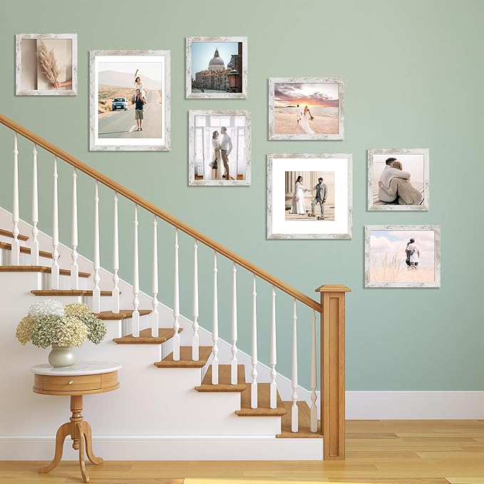 8x10 Picture Frame Set of 9, Display Pictures 5x7 with Mat or 8 x 10 Without Mat, Multi Photo Frames for Wall Mounting or Table Top Display, Distressed White
