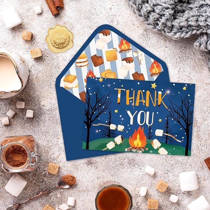 Whaline 24 Pack S'more Camping Theme Thank You Cards Greeting Cards with Envelopes Stickers Marshmallow Campfire Blank Note Card for Birthday Baby Shower Camper