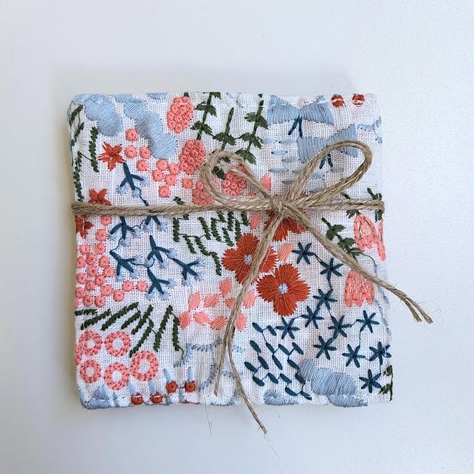 Embroidered Floral Cloth Coasters 4 Inch, Decorations for Kitchen Table, 100% Cotton Fabric Absorbent Coaster
