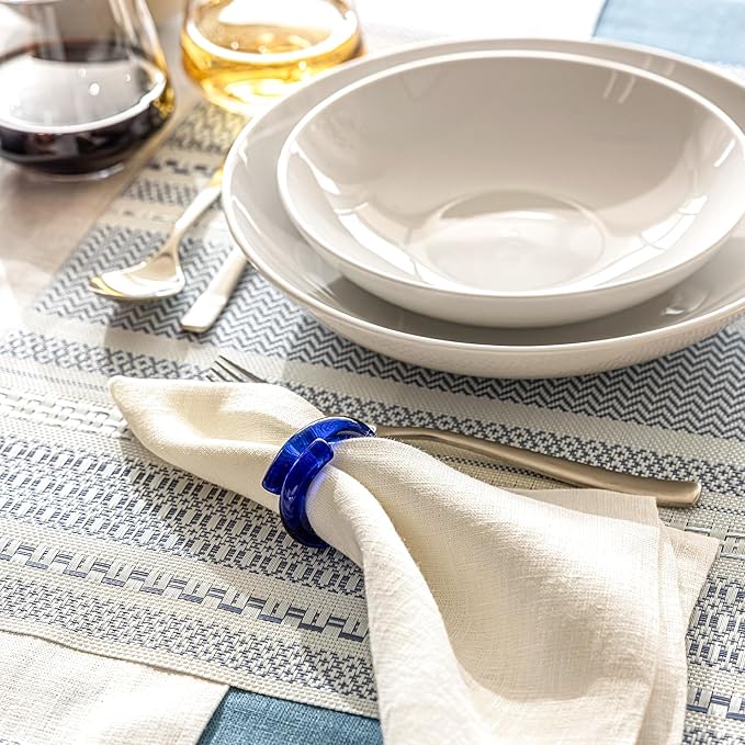 Over&Back Set of 4 Reversible Woven Placemats - Colorful Dining Room Table Mat - UVA/UVB-Proof Polypropylene - Indoor and Outdoor Kitchen and Home Decor - Striped - Blue - Rectangle