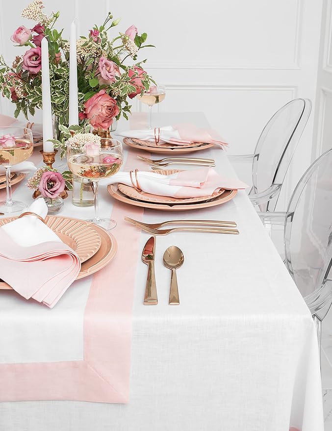 Solino Home Linen Table Runner 108 Inches Long - 100% Pure Linen Blush Pink and White Dining Table Runner 14 x 108 Inch for Valentines, Spring, Easter - Contempo