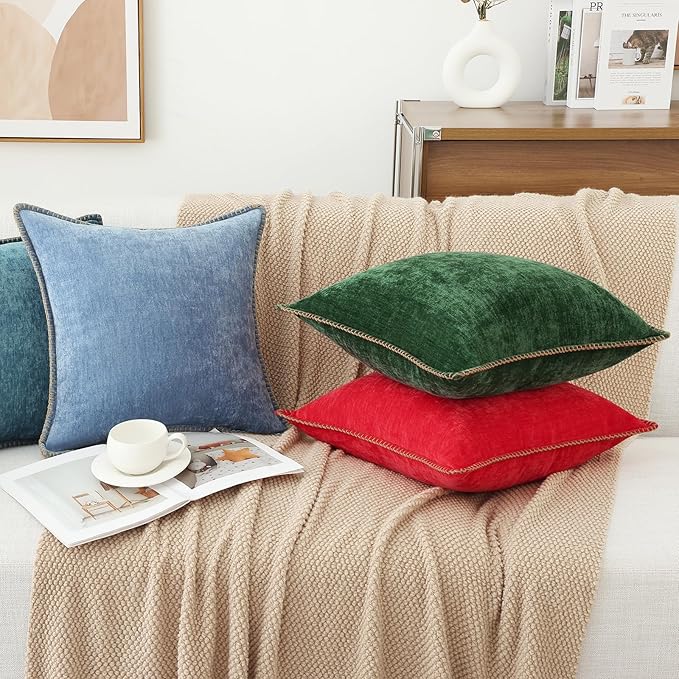 decorUhome Spring Chenille Soft Throw Pillow Covers 22x22 Set of 2, Farmhouse Velvet Neutral Decorative Euro Sham Pillow Covers with Stitched Edge for Couch Sofa Bed Home Decor, Blue