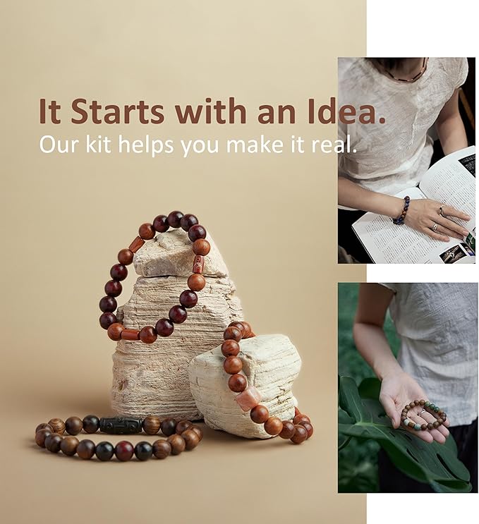Geezon Navis Bracelet Making Kit - 10mm Natural Wooden Beads with Letters & Stone Beads - 296pcs in 16 Colors - DIY Jewelry Making Starter Kit Adult Men Women Birthday Gift Craft