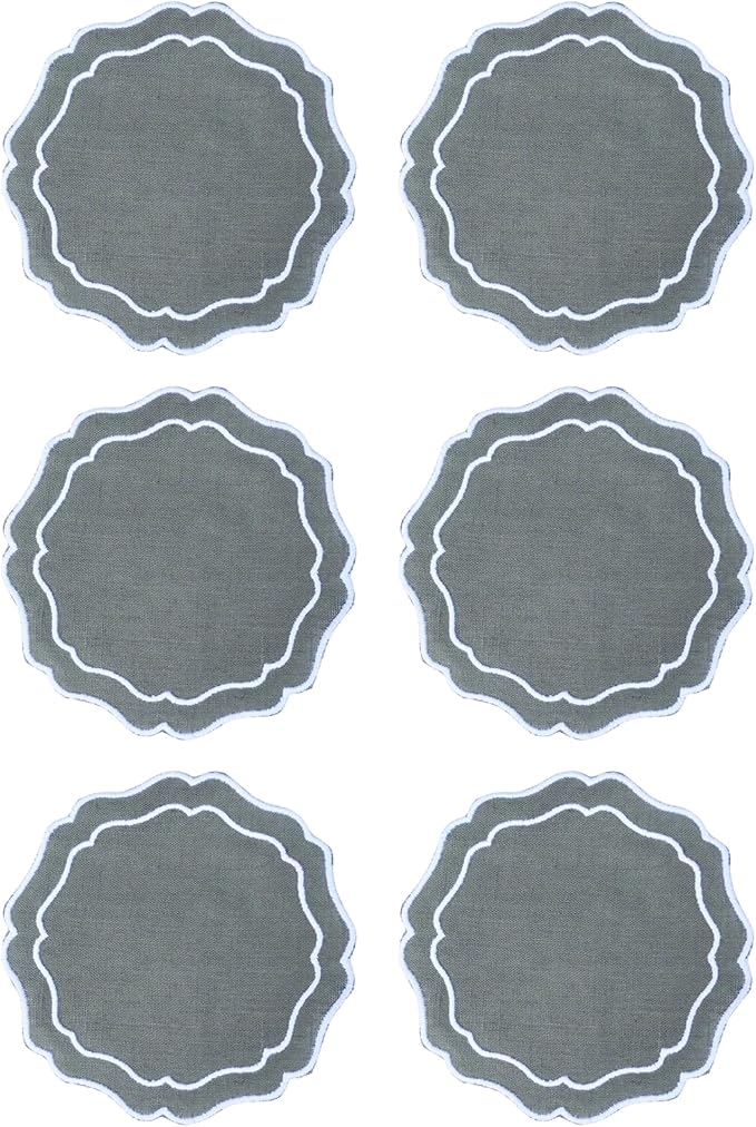 Drink Coasters Set of 6, 6x6 inch, Absorbent Linen Drink Mats with Scalloped Edge, Reusable Handmade Coffee Coasters for Home Decor & Tabletop Protection & Gift Giving (Sage)