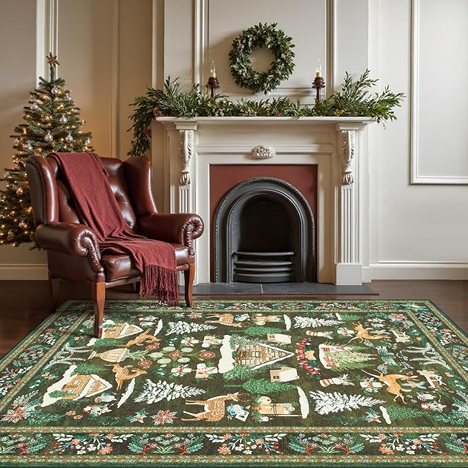 jinchan Christmas Rug 5x7 for Living Room Bedroom Green Holiday Decorative Rug for Dining Room Foyer Christmas Tree and Cabin Printed Xmas Decor Washable Non Slip Floor Carpet