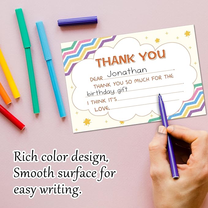 Boho Kids Thank You Cards, Boho Rainbow Thank You Card For Baby Shower Birthday Party, Kids Birthday Cards Fill In The Blank, 20 Pack Cute Greeting Cards With Envelopes For Boys And Girls, 001