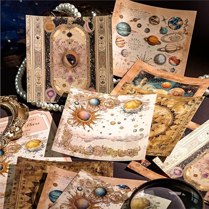 60 Sheets Fantasy Lunar Celestial Scrapbook Paper, Vintage Self-adhesive Moon Spaces Planets Scrapbook Decorative Paper for Journaling, Junk Journal, Art Supplies