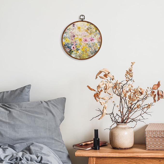 KSDUT Spring Floral Botanical Wall Decor Art - Pink Flower Wall Art Canvas Frame Hanging Prints, Preppy Trendy Wildflower Round Wall Art Decor for Farmhouse Gallery Home Decorations 10"x10"